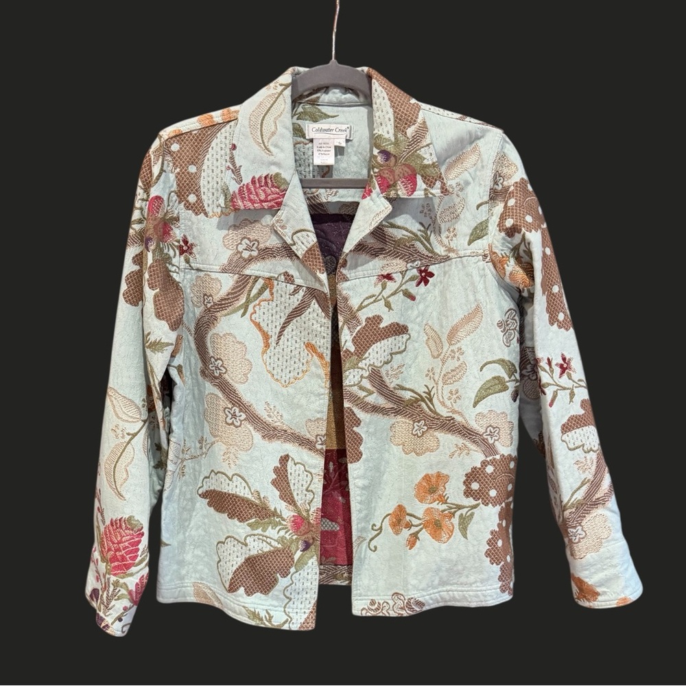 COLDWATER‎ CREEK Woven Embroidered Open Front Jacket Floral S